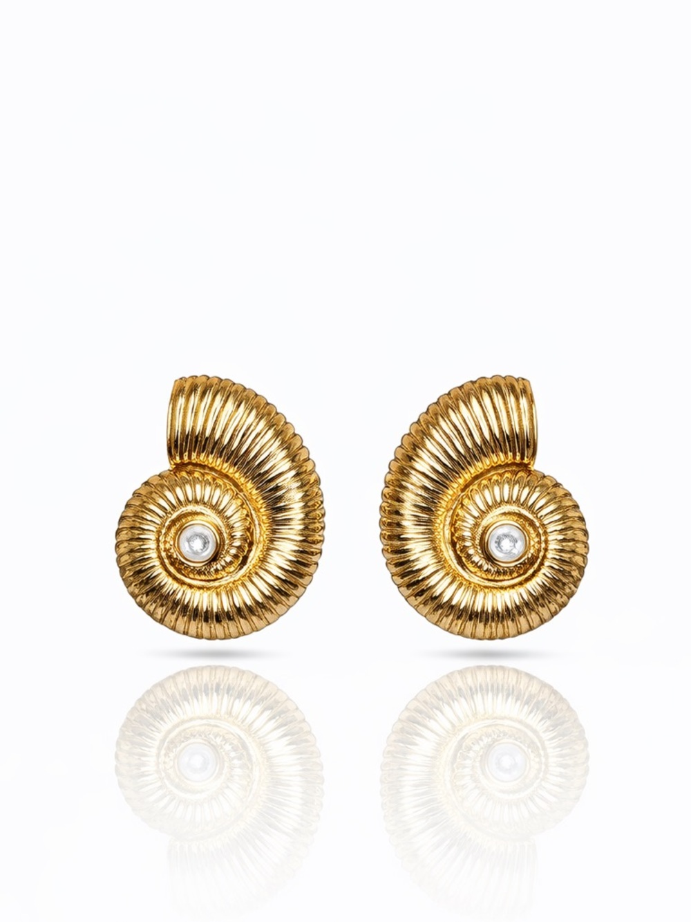 Gold Spiral Shell Stud Earrings with Center Stone